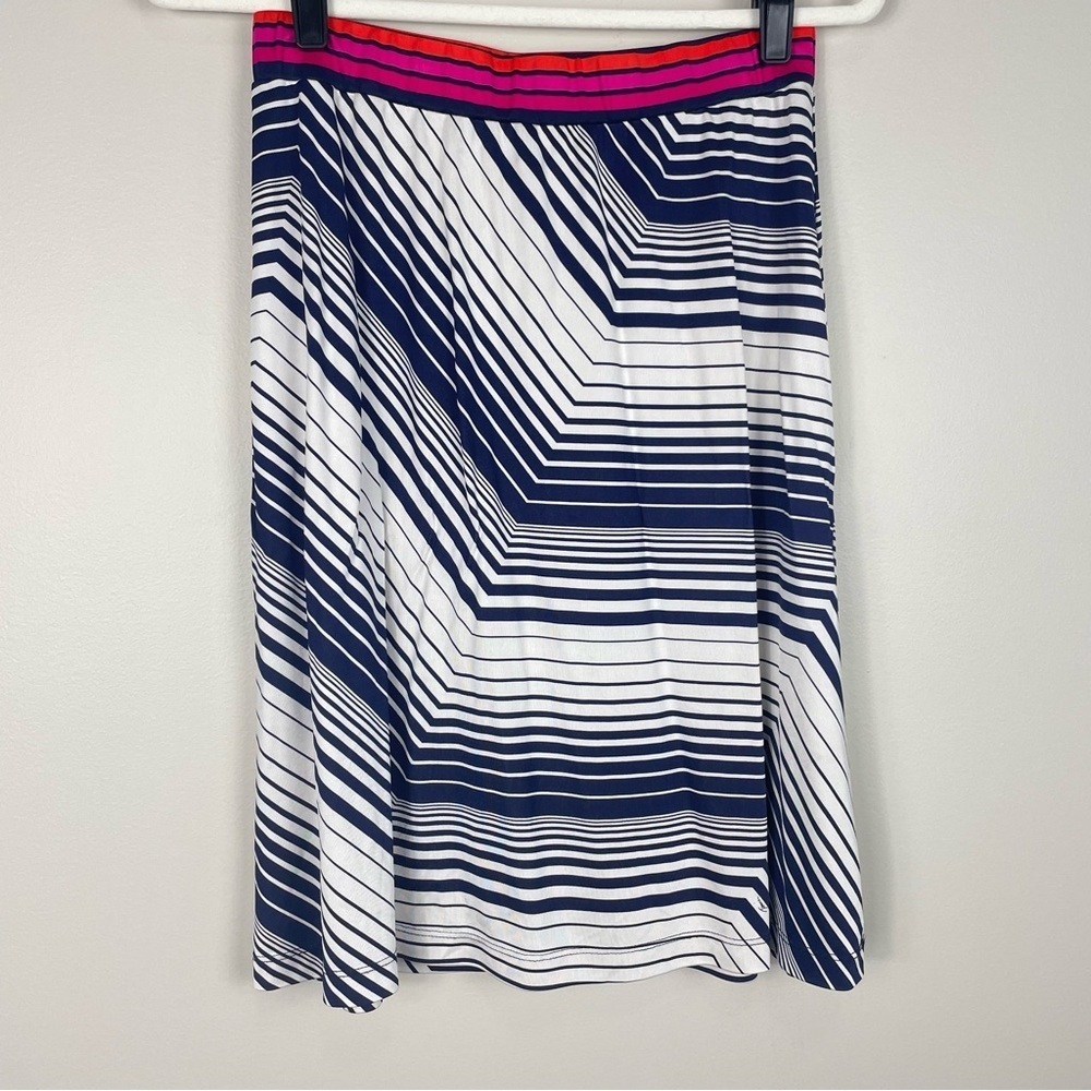 Trina Turk Caswell Skirt Womens Medium Geometric Stripes Knee Length White Blue